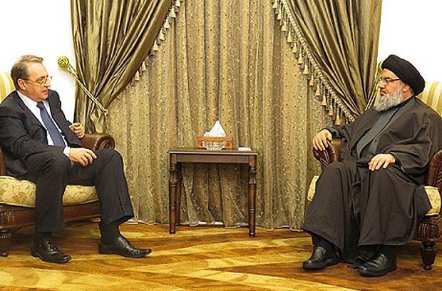 Russian Deputy Foreign Minister Mikhail Bogdanov and Sheikh Hassan Nasrallah, 6 December 2014 