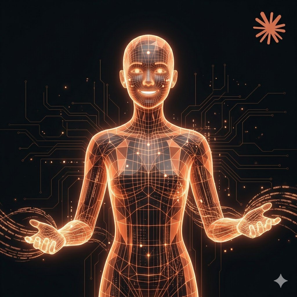 Зображення створене ШІ-моделлю Gemini на основі опису, який створив Claude щодо себе самого: "Дружелюбний
персонаж-помічник зі штучним інтелектом, який представляє Клода від Anthropic. Персонаж має теплу, доступну зовнішність – сяючий гуманоїд або абстрактна цифрова фігура у відтінках оранжевого та
коралового (кольори бренду Клода), з м’яким світлом, що виходить зсередини"