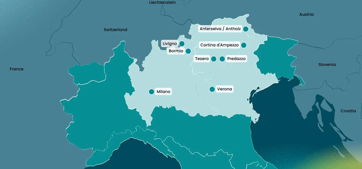 Карта основних локацій і кластерів Олімпійських ігор 2026 року в Італії