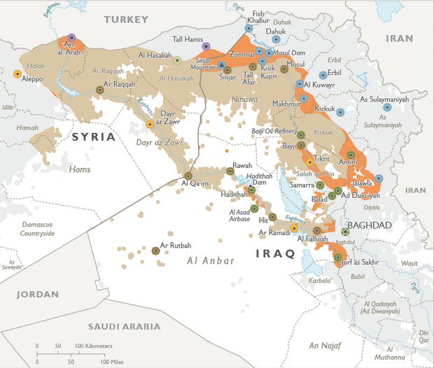 Территориальные потери ИГ обозначены оранжевым цветом. Коричневый цвет - нынешняя территория ИГ