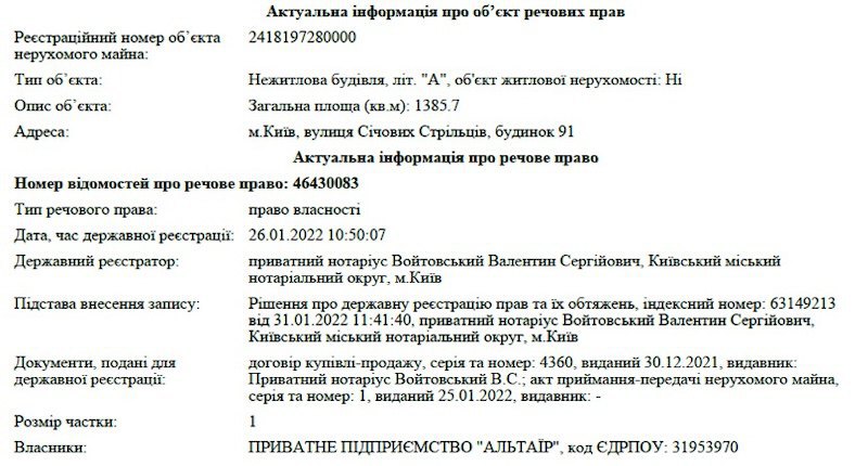 Інформація про власника будівлі в Державного реєстру речових прав на нерухоме майно