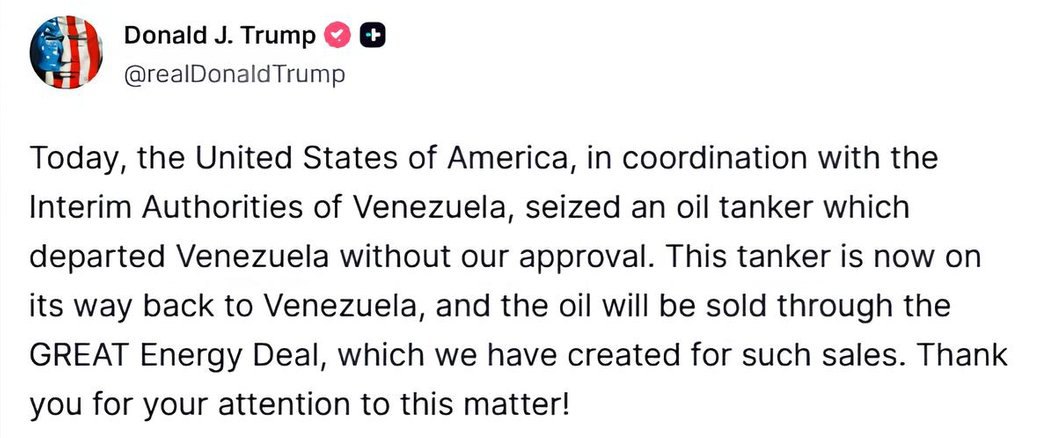 Трамп запевнив, що танкер Olina був перехоплений у координації з тимчасовою владою Венесуели