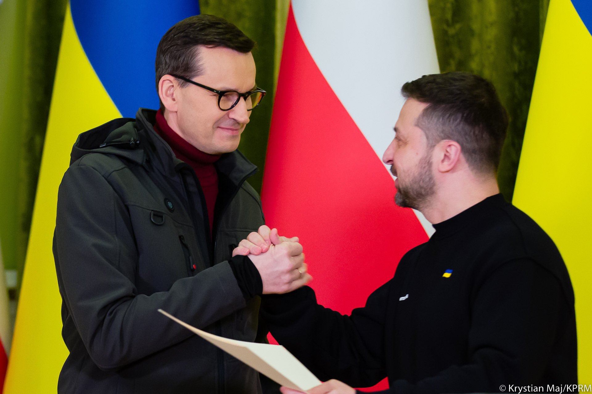Прем'єр-міністр Польщі Матеуш Моравецький на пресконференції з Президентом України Володимиром Зеленським у Києві 24 лютого 2023
р.
