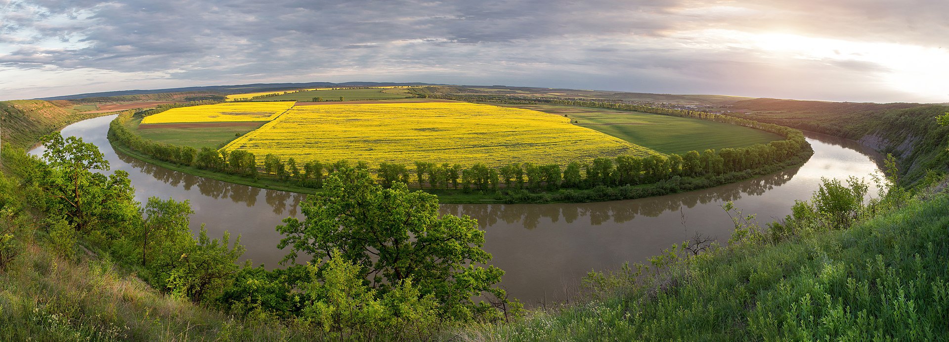 Панорама національного природнього парку «Дністровський каньйон», Чортківський районТернопільської області. Парк створений з метою збереження цінних природних та історико-культурних комплексів і об'єктів лісостепової зони в районі середньої течії річки Дністер. 