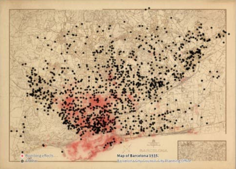Карта бомбосховищ у Барселоні. Чорними точками позначені сховища, червоним – влучення бомб.