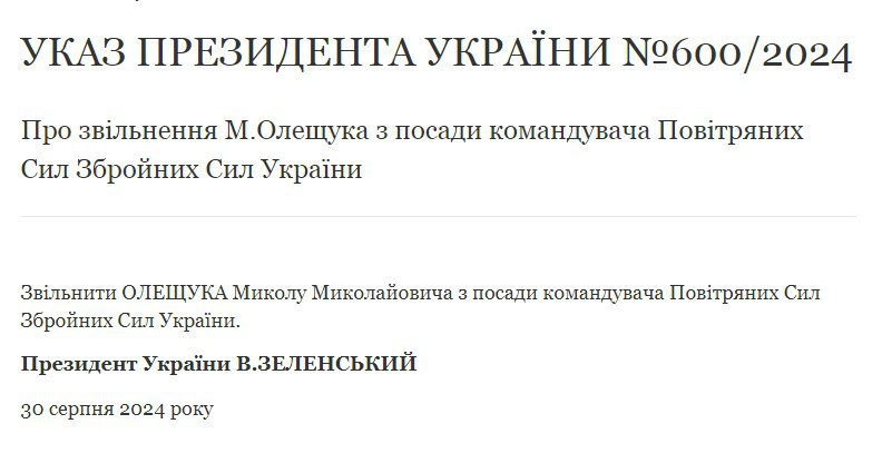 текст указу про звільнення Миколи Олещука