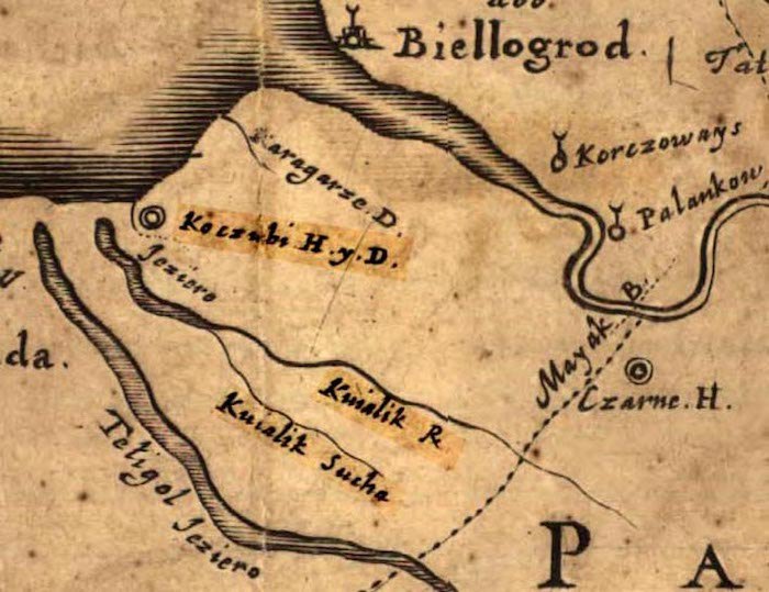 Назви Kuialik та Koczubi на карті Гійома Левассера де Боплана 1648 р.
