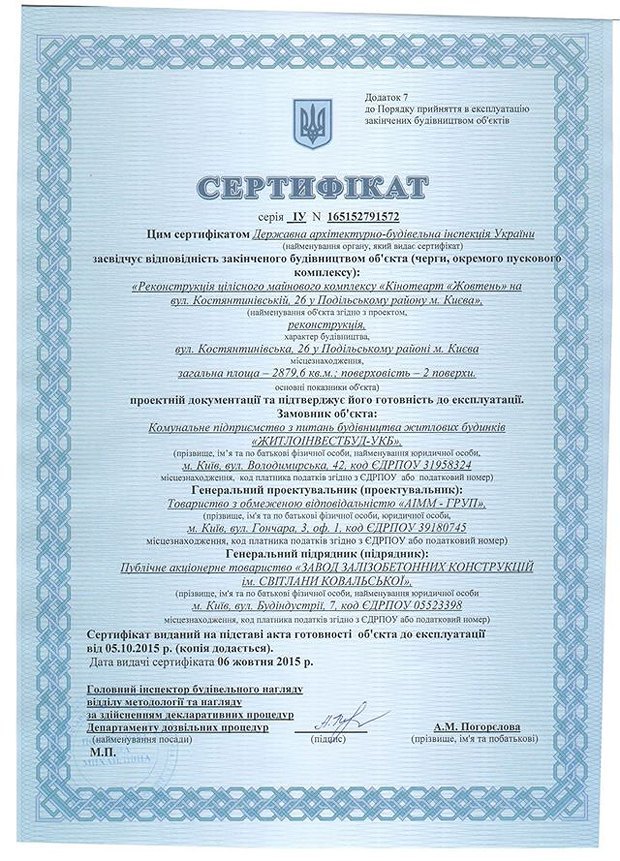 Сертификат о готовности кинотеатра к эксплуатации эксплуатации