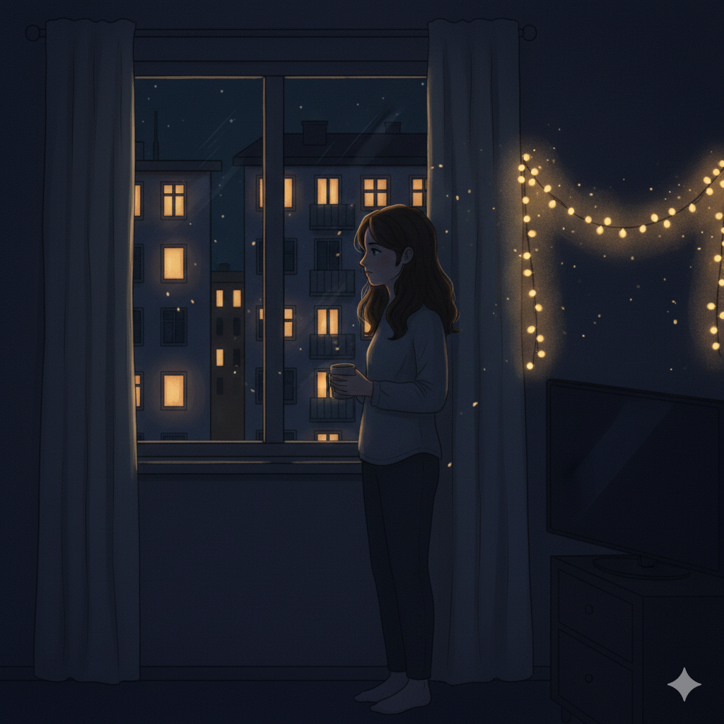 Жінка вдома з відключенням світла дивиться у вікно, у сусідський будинок, де світло уже є