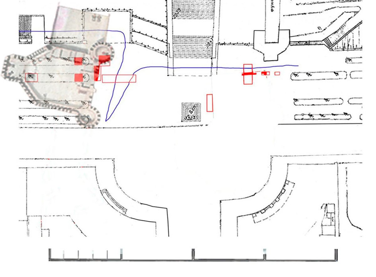 Основа плану з плямами розкопів з фейсбук-сторінки Андрія Красножона від 14 липня 2025 року, з уточненим розташуванням замку.