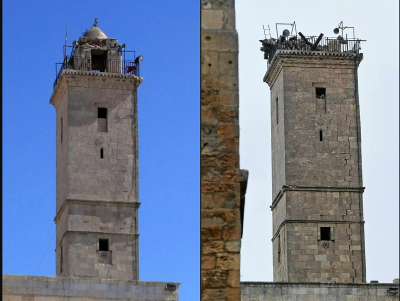 Мінарет мечеті в цитаделі Алеппо до та після землетрусу