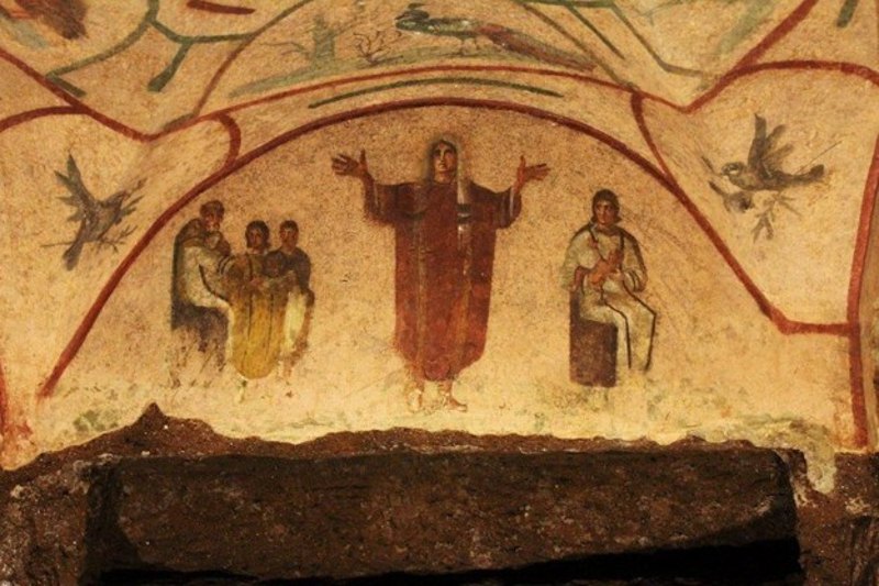 Богородиця Оранта в катакомбах Прісцилли в Римі. 250-300 рр.