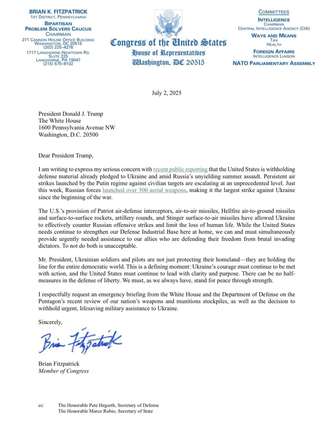 Звернення конгресмена Фітцпатріка до Трампа