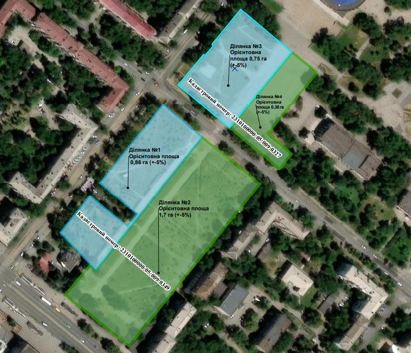 Проєкт поділу території землі. Бірюзову ділянку мають намір залишити «Ленд Дівелопмент», зелені повертають громаді Запоріжжя