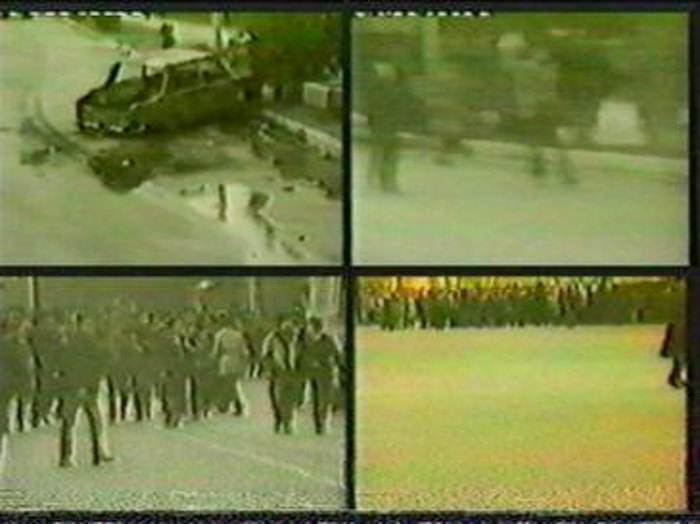 Відеокадри погромів у Сумгаїті (спалені автомобілі та натовпи на вулицях міста, 27 лютого — 1 березня 1988 року).