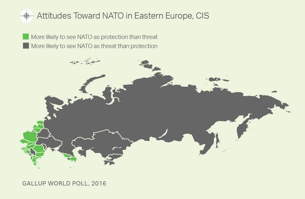 Серым отмечены страны, где НАТО воспринимают как угрозу, зеленым - как защиту