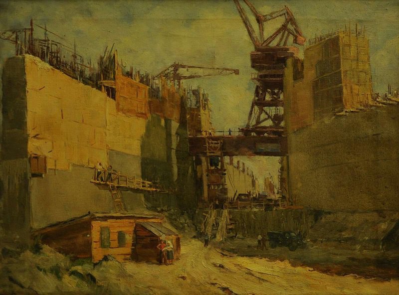 Іван Ботько. Будівництво шлюзу Каховської ГЕС. 1953. Полотно, олія