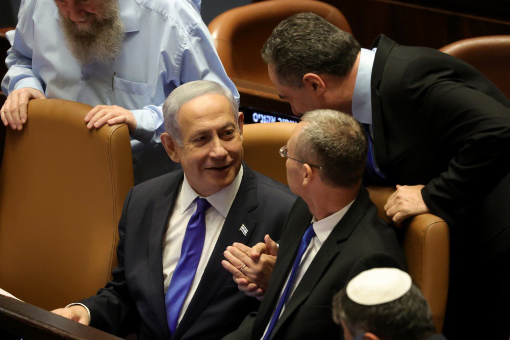 Прем'єр-міністр Ізраїлю Біньямін Нетаньягу і міністр юстиції Ярів Левін у Ксенеті, 24 липня 2023 року
