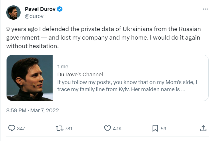 Переклад: «9 років тому я захищав приватні дані українців від російського уряду — і втратив свою компанію та дім. Я зробив би це знову не вагаючись».