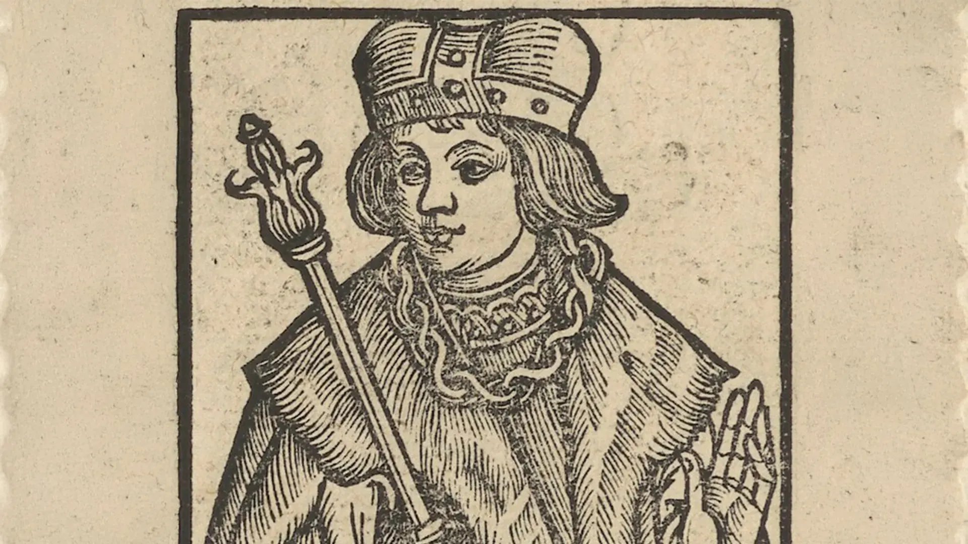 Старовинна чорно-біла гравюра – зображення князя Любарта Гедиміновича. Він у короні, з масивним ланцюгом на шиї, тримає скіпетр і підняв праву руку у жесті.