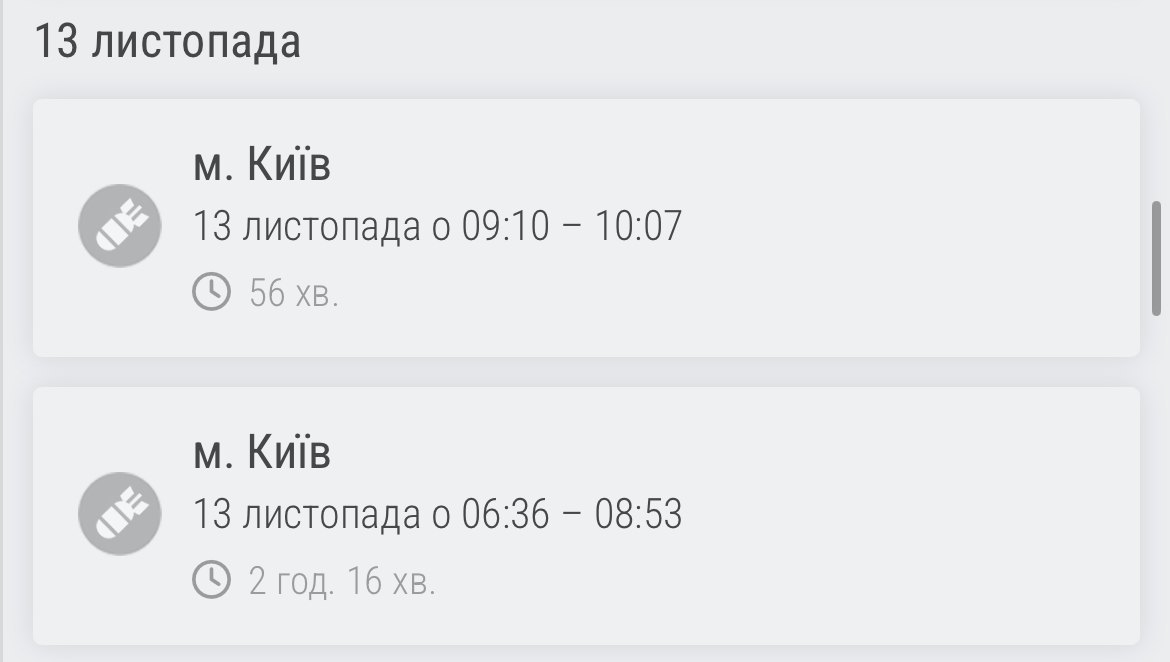 Додаток <i>AirAlert</i>, дані про тривогу в Києві 13 листопада