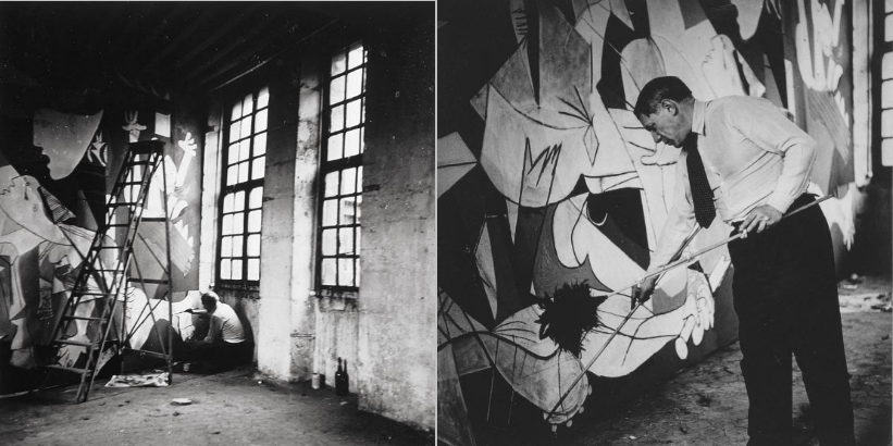 Пабло Пікассо за роботою над «Гернікою», розміри полотна 3,49 х 7,76 м