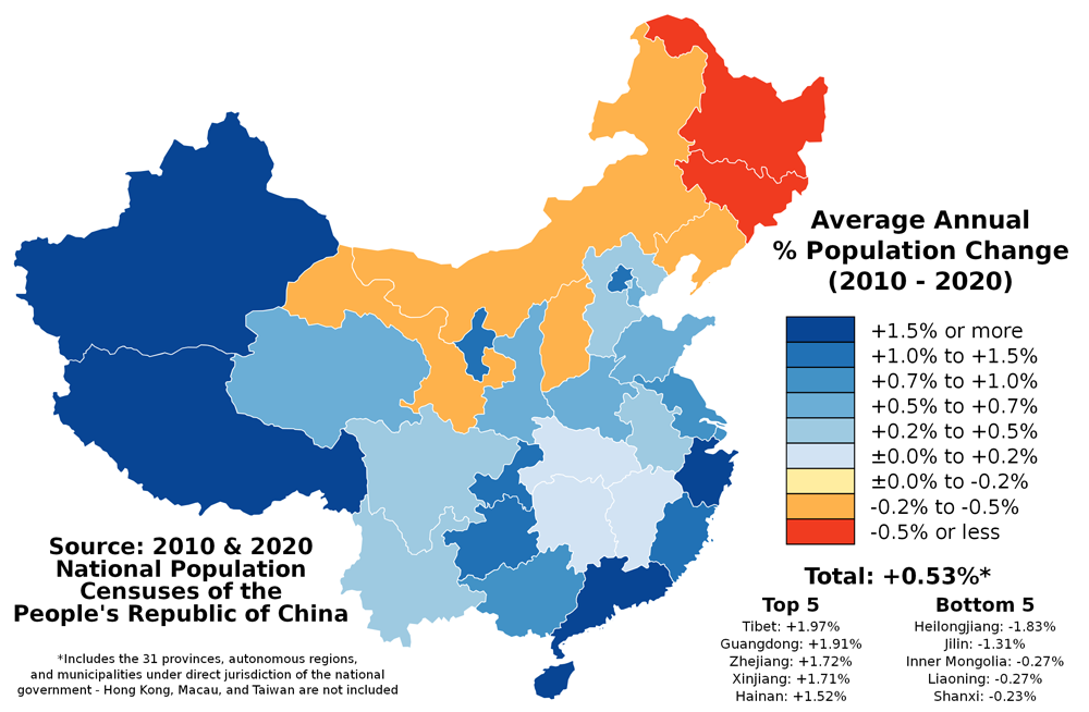 Зменшення кількості людей на півночі Китаю: провінція Хейлунцзян (червоним кольором) втратила 1.83% населення за 20 років