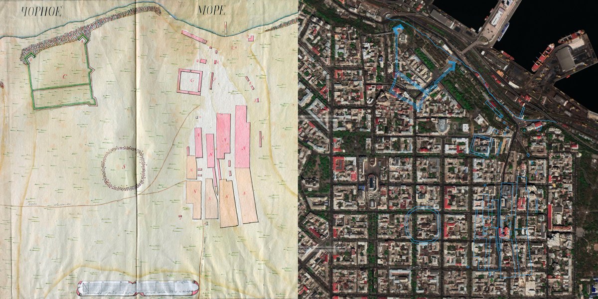Іван Ісленьєв. План спеціальний новобудованого на березі моря турецького міста Годжабея. 1766, 26 травня. Його перенесення на
сучасний план Одеси.