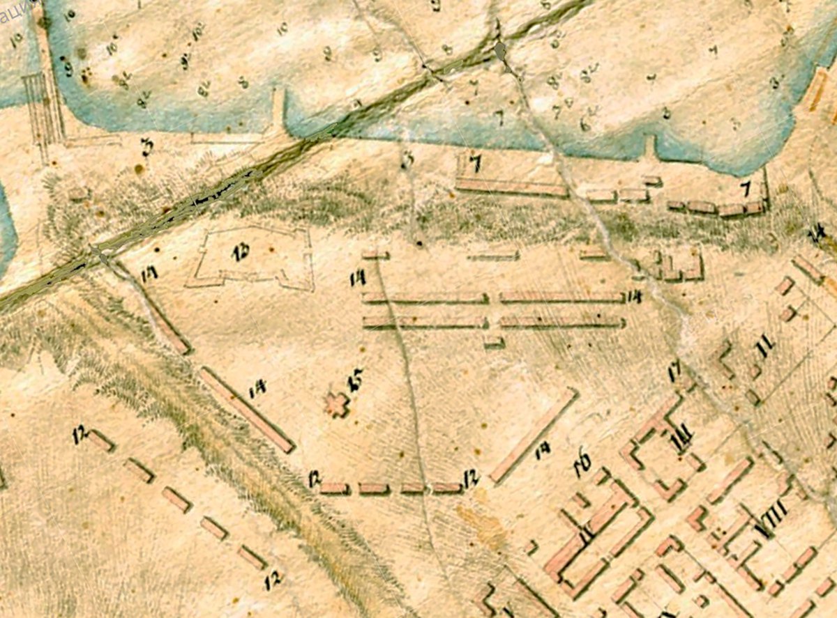 Фрагмент плану Одеси 1803 р. з плануванням казарм та будівель Адміралтейства.