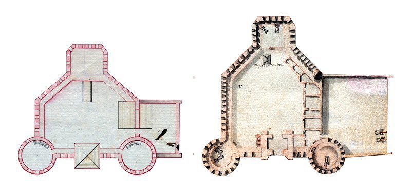 Зведені в одному масштабі дві версії плану замку, перший – з паперів Лаффіта-Клаве