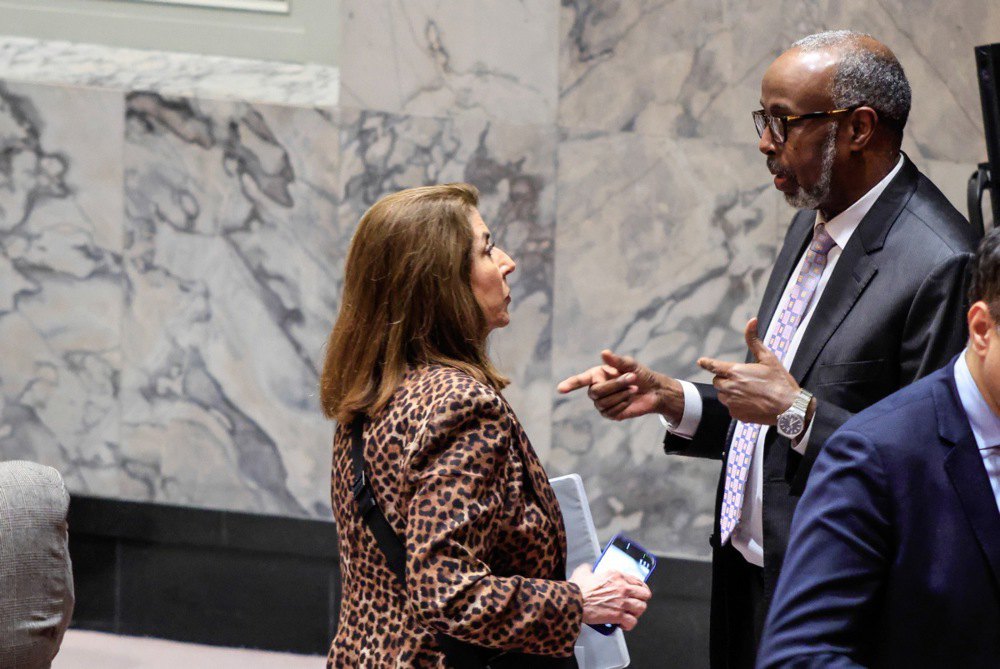 Теммі Брюс (ліворуч), заступниця представника Сполучених Штатів при Організації Об'єднаних Націй, розмовляє з Абукаром Дахіром Османом (праворуч), представником Сомалі при ООН, під час засідання Ради Безпеки ООН у штаб-квартирі у Нью-Йорку, 29 грудня 2025 