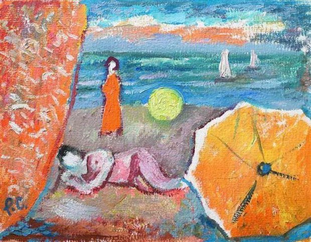 Роман Сельский, Пляж с желтым зонтом. 1984-1985. Картон, масло