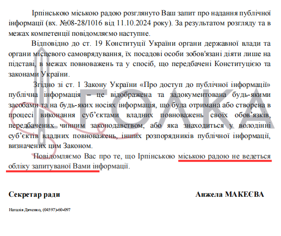 Уривок з відповіді «Голці» від Ірпінської міської ради