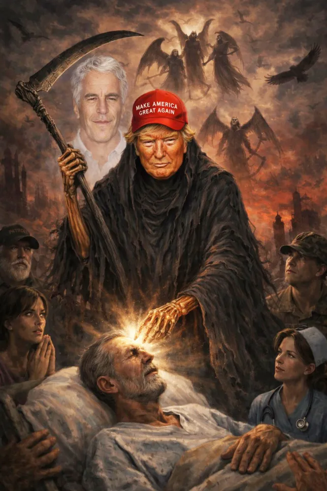 Гевін Ньюсом, губернатор Каліфорнії від Демократичної партії, який є католиком, відповів на пост Дональда Трампа власною версією зображення, на якому президент США зображений у вигляді Похмурого Жнеця, на задньому плані – Джеффрі Епштейн.