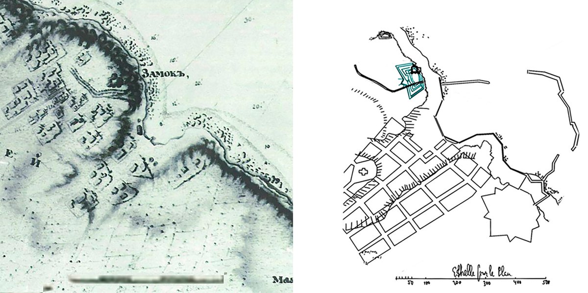 <i>Зведені в одному напрямку та одному масштабі плани де Воллана:</i><i>1. Фрагмент «Креслення топографічного та
водоописувального затоці Гаджибейській», 1791 р.&nbsp;</i><i>2. Фрагмент плану проєкту влаштування порту в Хаджибеї, 1793 р. у промальовці Андрія Красножона. [Красножон А. В. Фортеці та міста
Північно-Західного Причорномор’я (XV–XVIII ст.). – Одеса: Чорномор’я, 2018].</i>