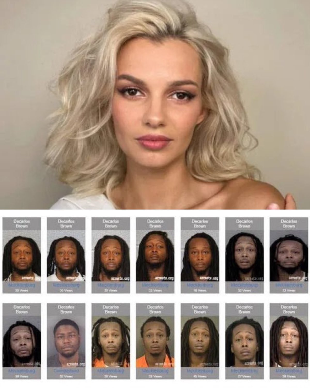 Колаж з фото Ірин Заруцької та 14 фото її убивці під час попередніх арештів