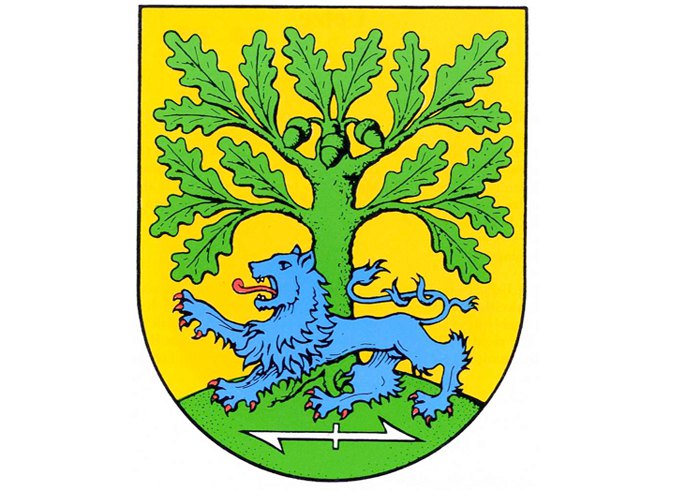 Герб комуни Ведемарк (Нижня Саксонія). Під ногами лева міститься зображення «Вольфсанґеля»