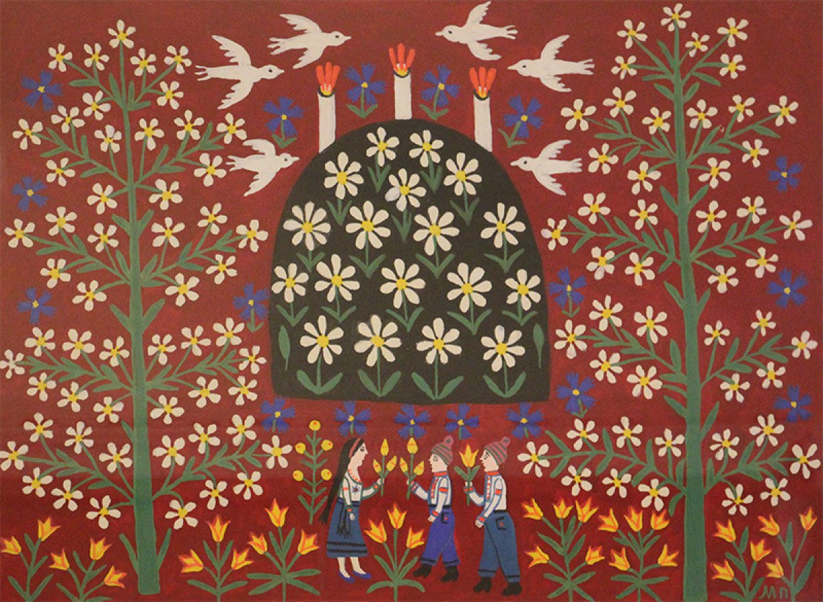 Марія Примаченко: «Отаким снився четвертий блок. По ньому будуть рости квіточки. А будуть нести діточки квіточки, Як пам’ятник буде навік коло нього. Будуть прилітати голубчики – наші герої. Спасли нас, пішли від нас», 1988 р.