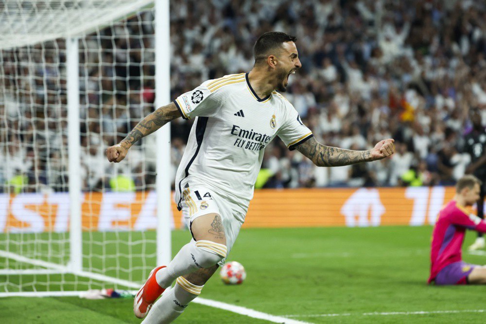 Хоселу з «Реала» святкує гол (1:1) у матчі-відповіді півфіналу Ліги чемпіонів УЄФА з «Баварією», Мадрид, Іспанія, 8 травня 2024 року.