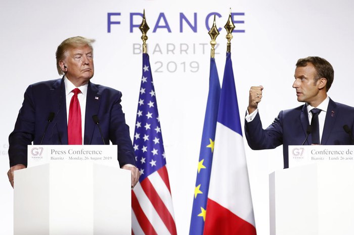 Президент Франції Еммануель Макрон та президент США Дональд Трамп під час прес-конференції в день закриття саміту G7 у місті
Біарріц, Франція, 26 серпня 2019.
