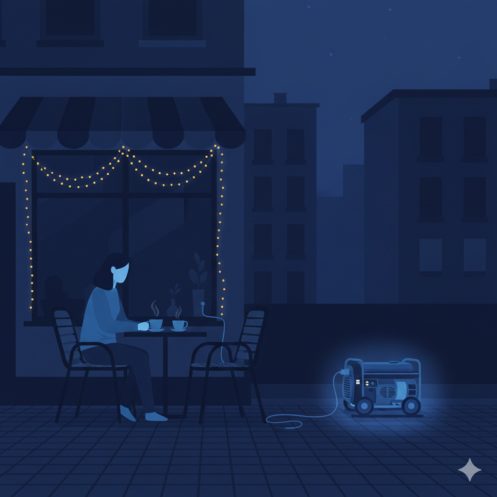 Блекаут, жінка попиває каву біля генератора за столиком