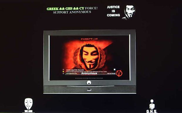 Принтскрин с веб-сайта Министерства юстиции Греции, взломанный членами группы Anonymous