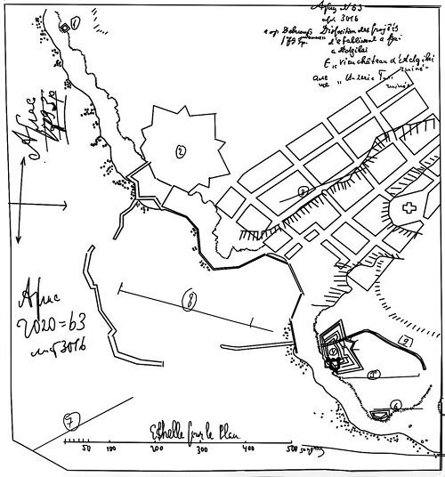 Фрагмент плану Хаджибея 1793 р. Франца де Воллана у промальовці Андрія Красножона. Красножон А. В. Фортеці та
міста Північно-Західного Причорномор’я (XV–XVIII ст.). – Одеса: Чорномор’я, 2018