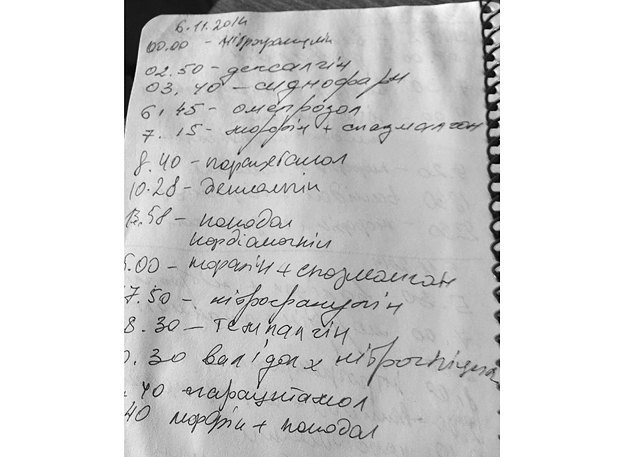 Лист из блокнота Ольги с графиком приема препаратов для отца на сутки