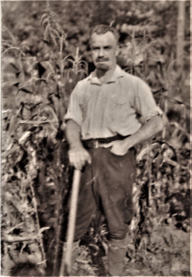 Володимир Винниченко працює на городі власної садиби "Закуток". Мужен. Фото. 1950-ті рр.