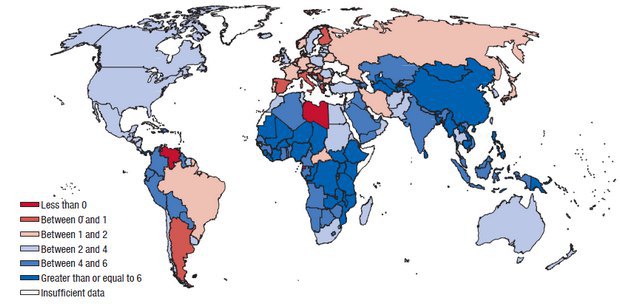 Прогноз МВФ зі зростання ВВП держав світу. Чим синіший колір - тим швидше зростання. Червоний колір - падіння економіки. Білий
колір - відсутність прогнозу