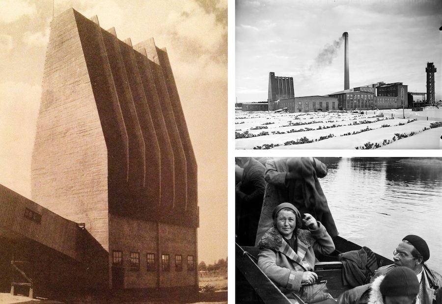 (Зліва) Aaltosiilo, 1931, Arkkitehti No.12 (Вгорі праворуч) Toppila Pulp Mill незабаром після завершення (1930-ті). (Внизу праворуч) Айно Аалто та Ласло Мохой-Надь на річці Оулуйокі в 1931 р.
