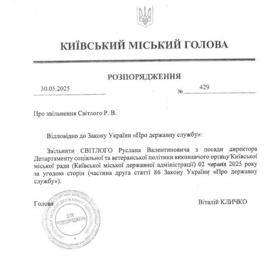 розпорядження В. Кличка про звільнення Р. Світлого