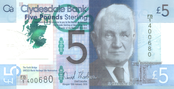 5 фунтов стерлингов, выпущенных шотландским Клайдсдейл банком