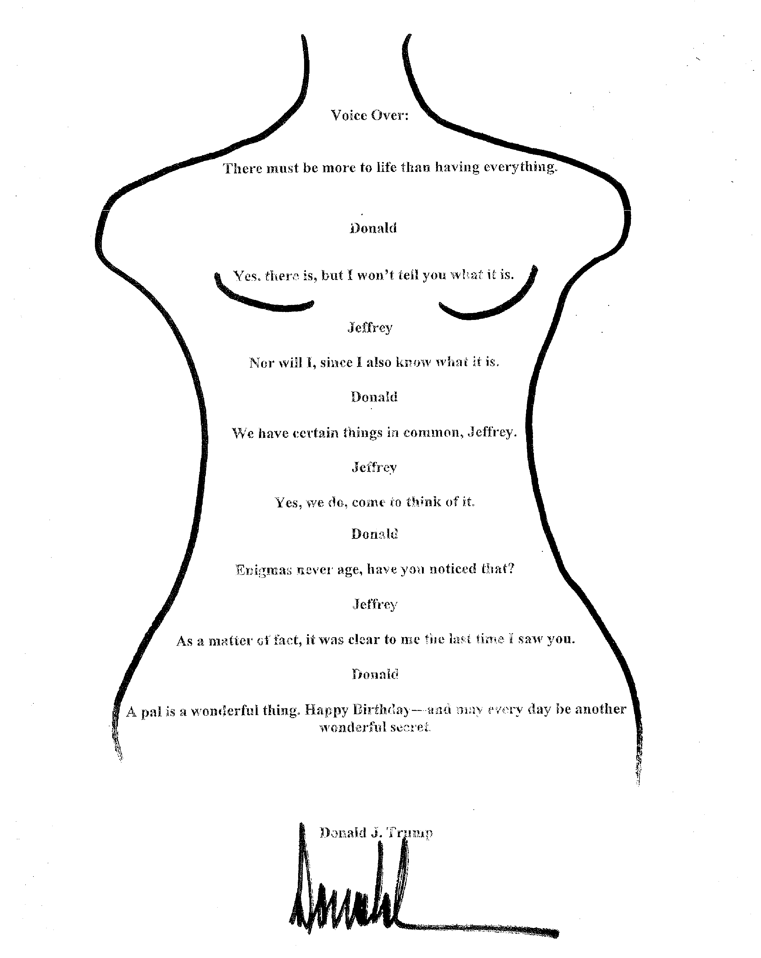 Вітальна листівка Епштейну, ймовірно підписана Дональдом Трампом. Президент США це заперечує